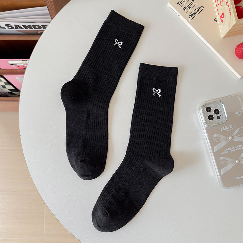 Embroidered Bow Cotton Crew Socks for Women | Casual Everyday Socks