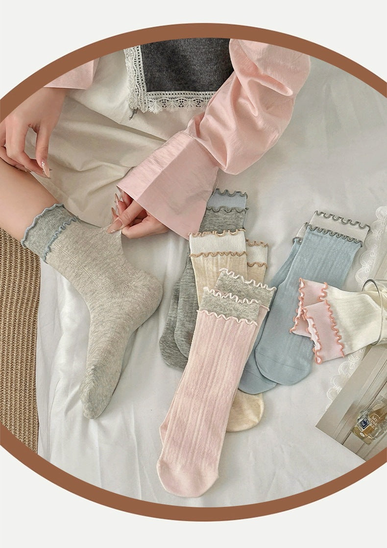 Women's Ruffled Cotton Crew Socks | Seamless Breathable Summer Socks