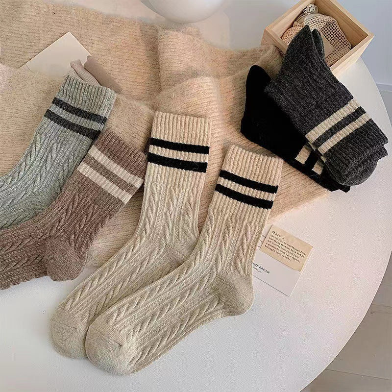 Cable Knit Two-Stripe Cozy Crew Socks for Women