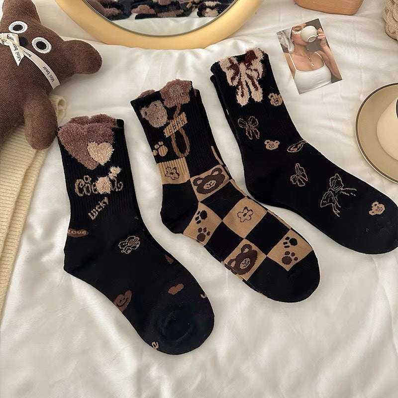 Cute Bear Crew Socks for Women | Cozy Fall Winter Patterned Socks