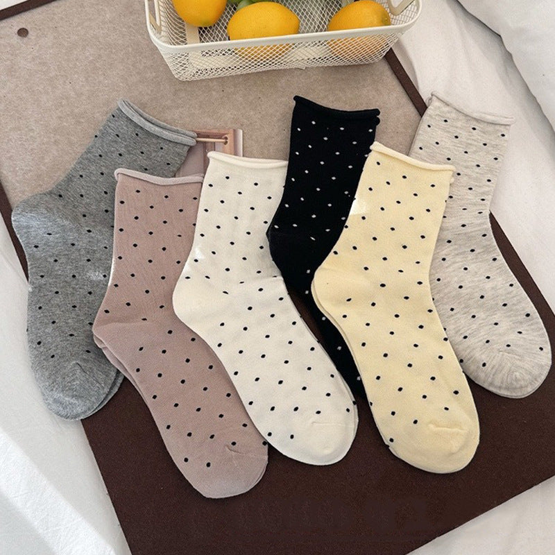 Polka Dot Cotton Crew Socks | Women's Rolled Edge Mid Calf Socks