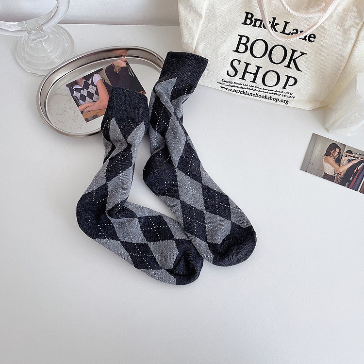 Argyle Patterned Crew Socks for Women | Trendy Slouch Mid-Calf Socks