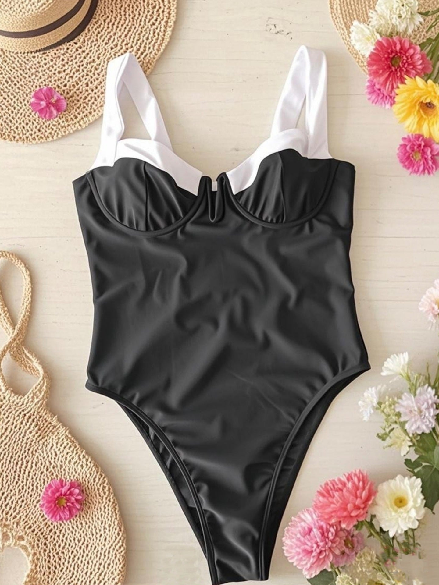 Black Contrast Sexy One-Piece Swimsuit | Slimming Vacation Swimwear