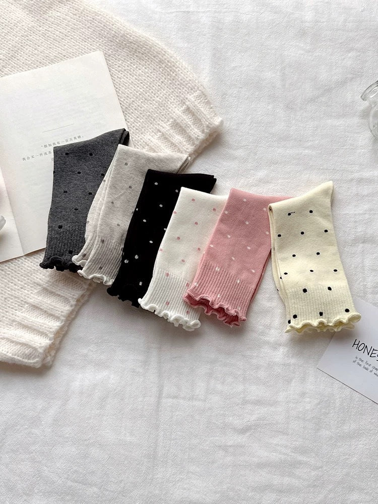 Ruffled Polka Dot Cotton Crew Socks for Women