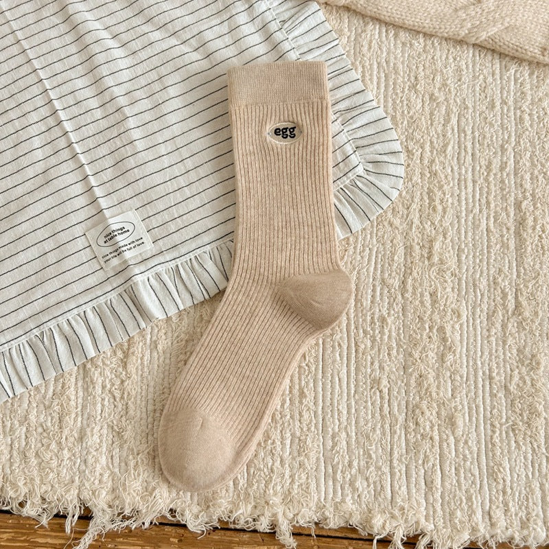 Women's Cotton Crew Socks | Embroidered Neutral Fall Socks
