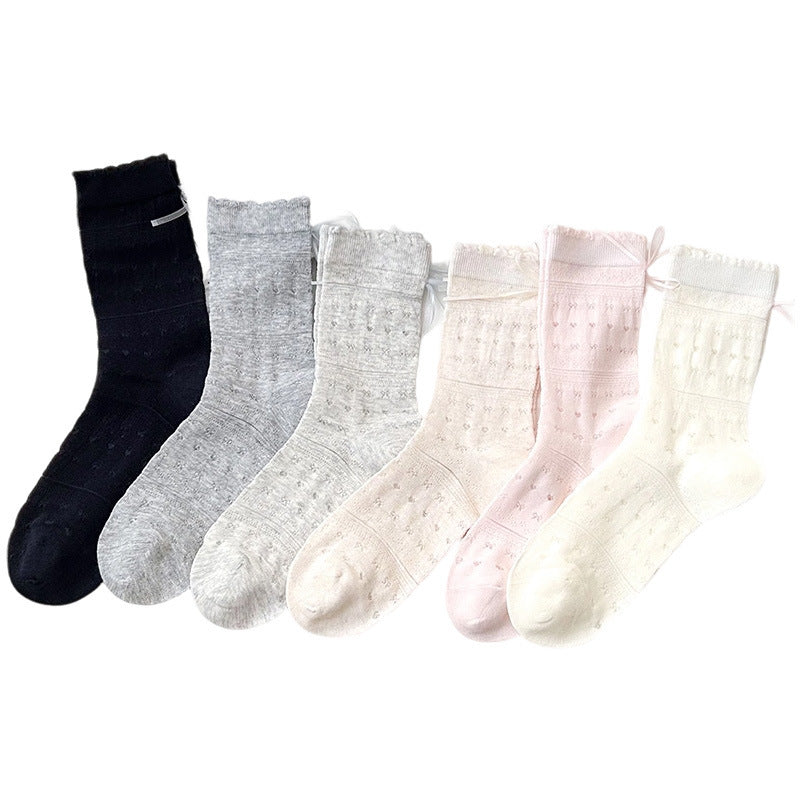 Sheer Cotton Crew Socks for Women | Bow Back Lace Trim