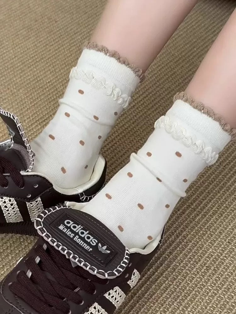 Polka Dot Cotton Crew Socks for Women | Ruffled Lace Trim