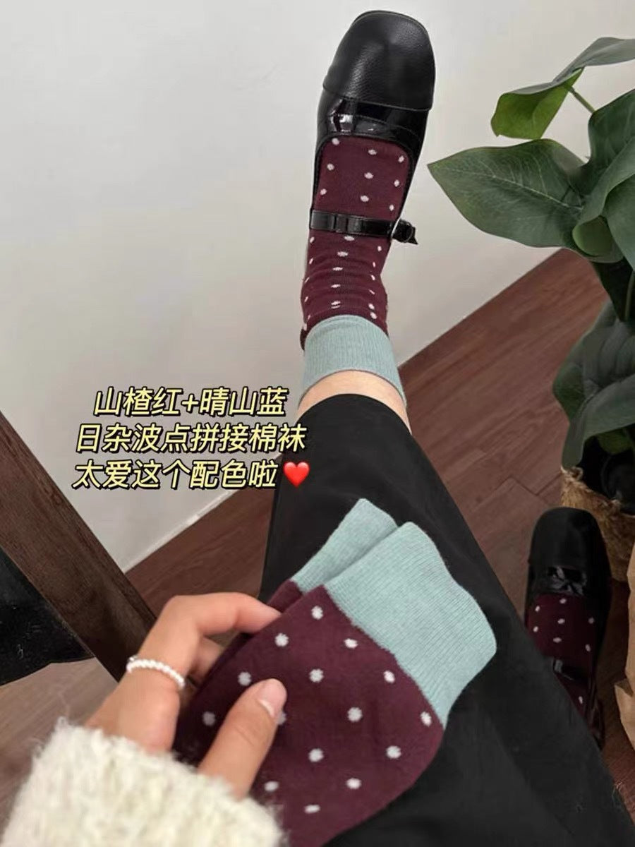 Retro Polka Dot Colorblock Crew Socks for Women