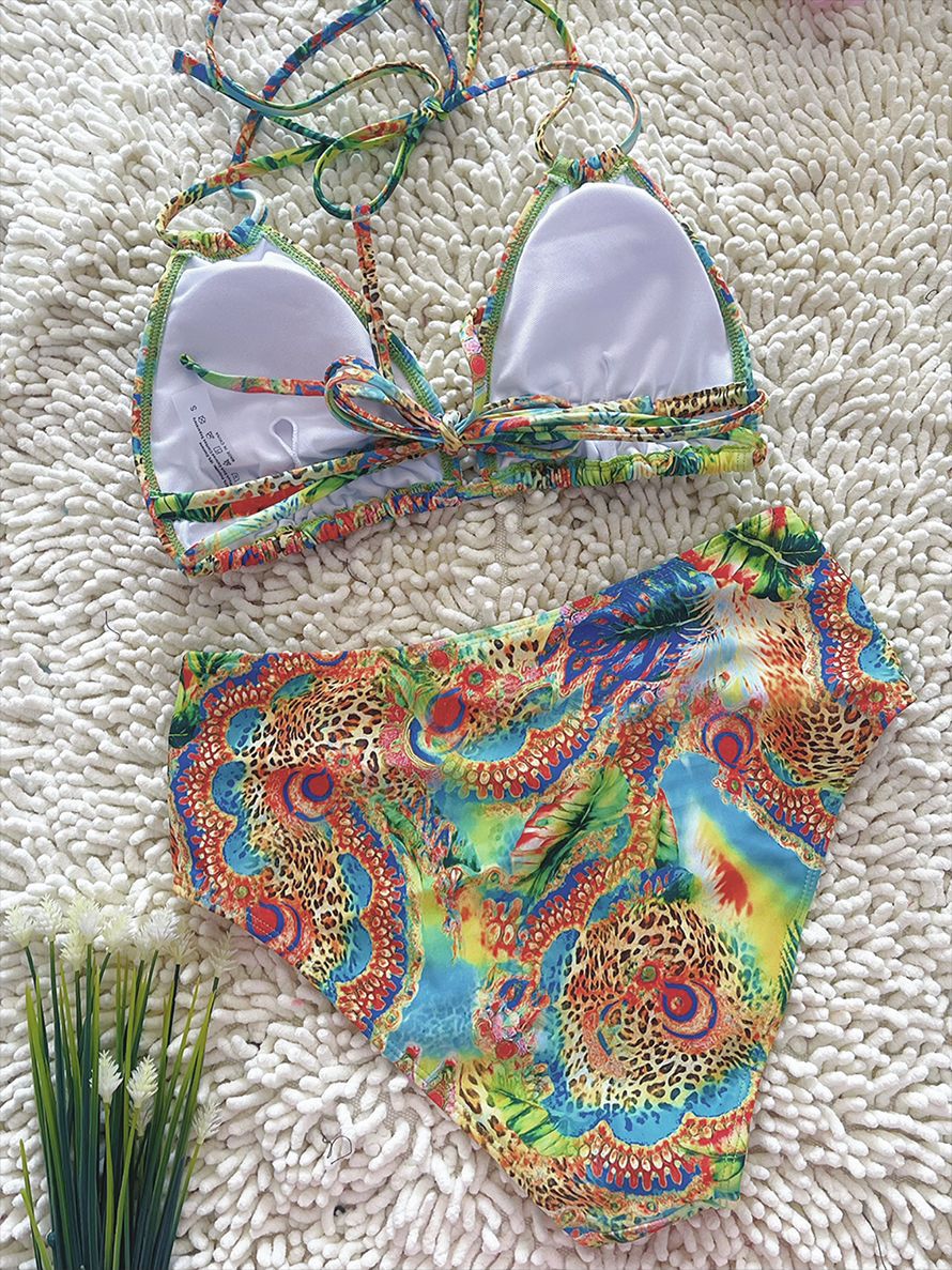 Printed Halter High-Waist Bikini Set | Women's Vacation Swimwear