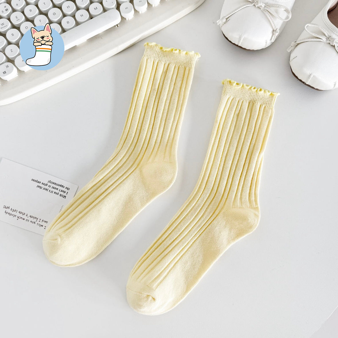 Ruffle Trim Solid Cotton Crew Socks for Women