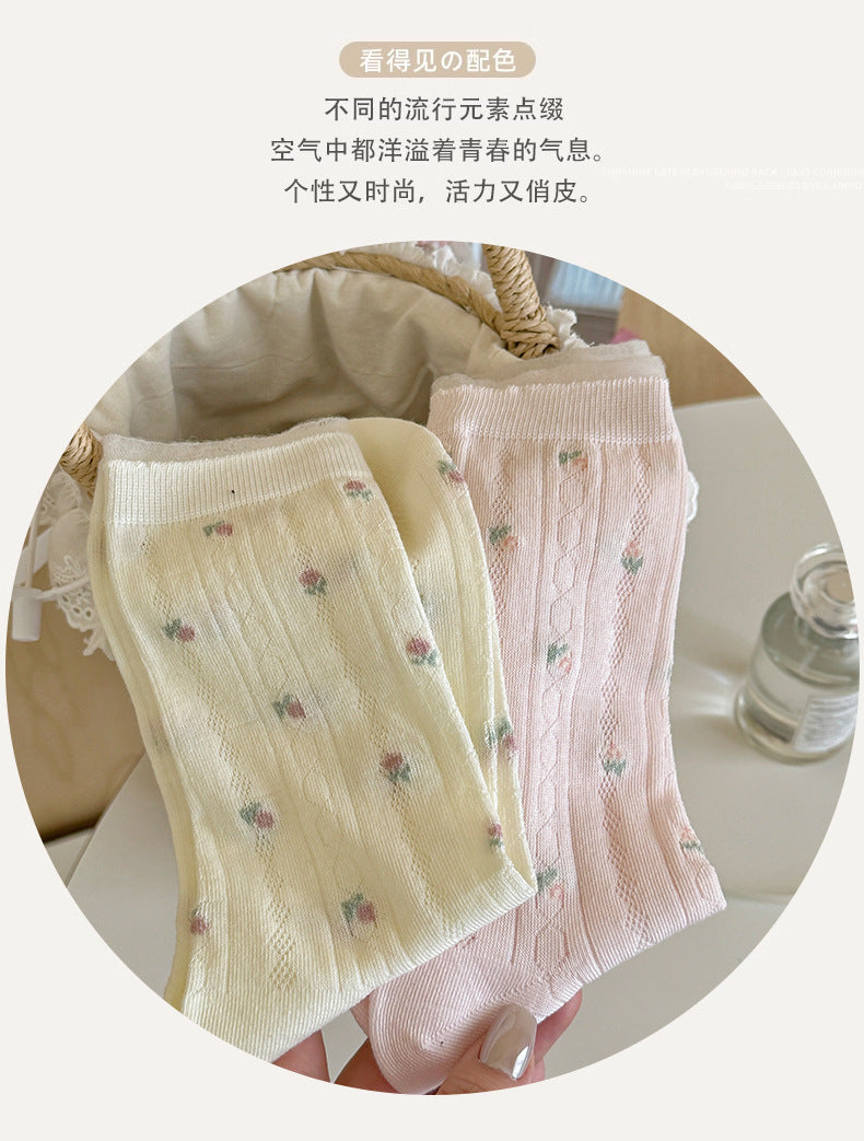 Floral Mesh Cotton Crew Socks for Women | Breathable Spring Summer