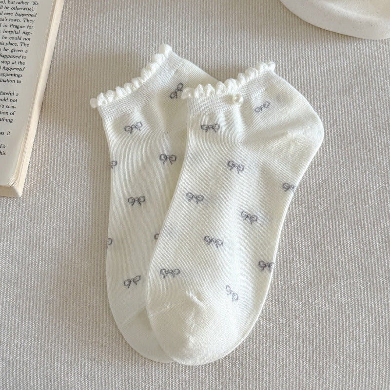 Bow Ruffle Ankle Socks for Women | Thin Summer Patterned Cotton Socks
