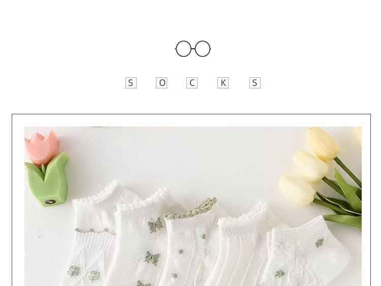 Cute Ruffled Ankle Socks for Women | Fresh White Green Cotton Socks