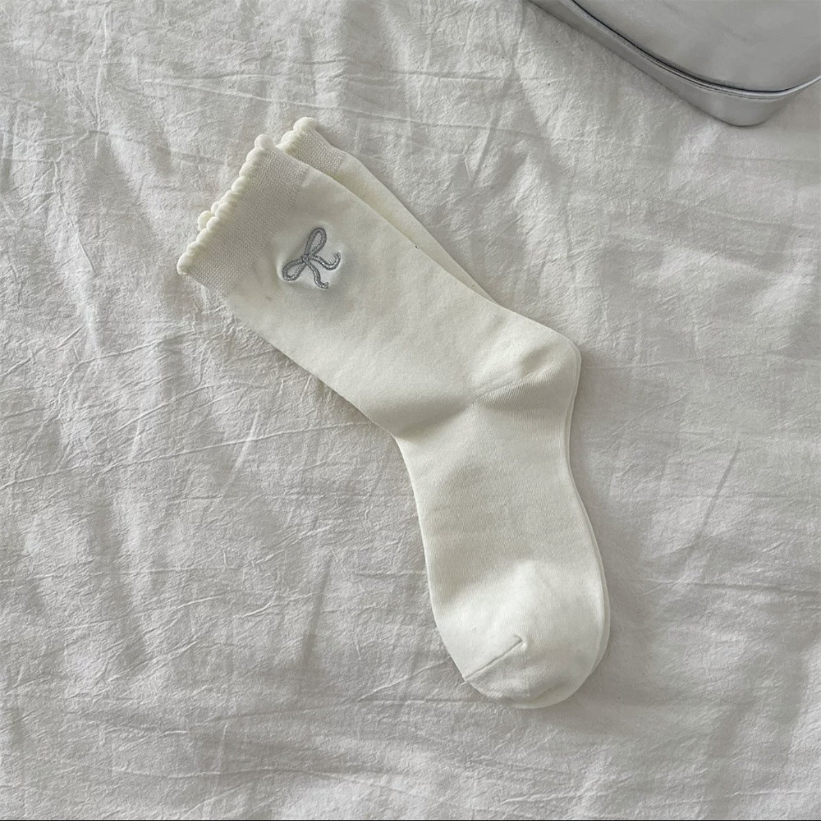 Embroidered Bow Cotton Crew Socks | Ruffle Trim Ballet Style for Women