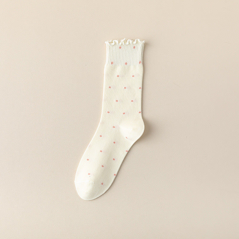 Ruffled Polka Dot Cotton Crew Socks for Women