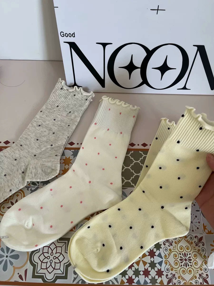 Ruffled Polka Dot Cotton Crew Socks for Women