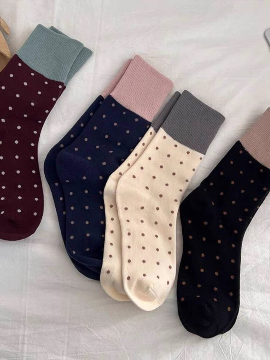 Retro Polka Dot Colorblock Crew Socks for Women