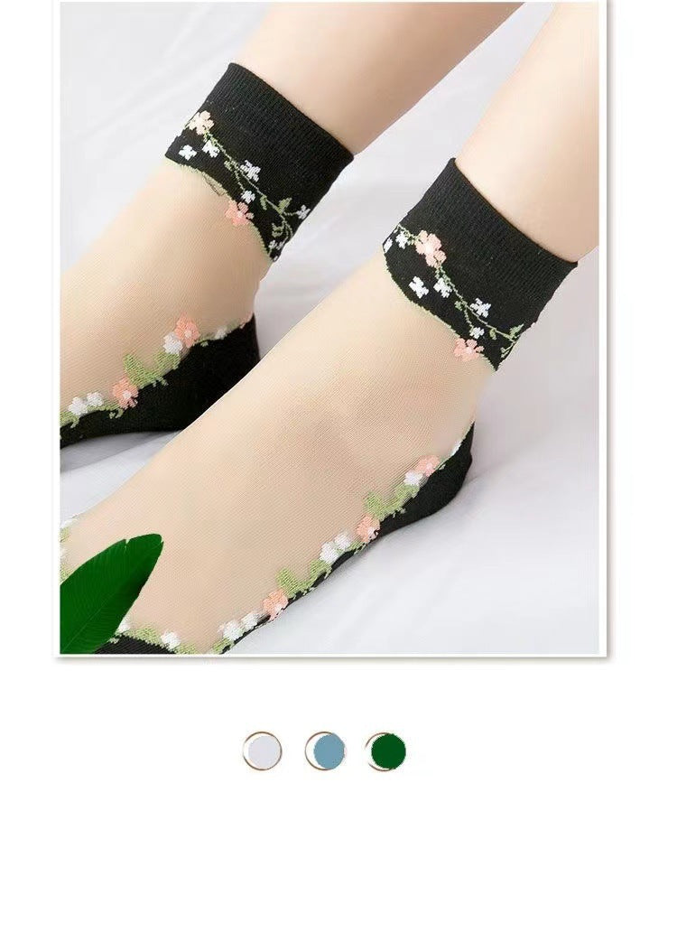Floral Sheer Crew Socks for Women | Breathable Cotton Sole Summer Socks