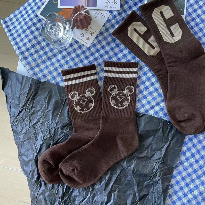 Cute Brown Patterned Crew Socks for Women | Soft Cotton