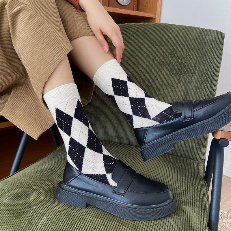 Vintage Argyle Crew Socks for Women | Retro Patterned Mid-Calf Socks