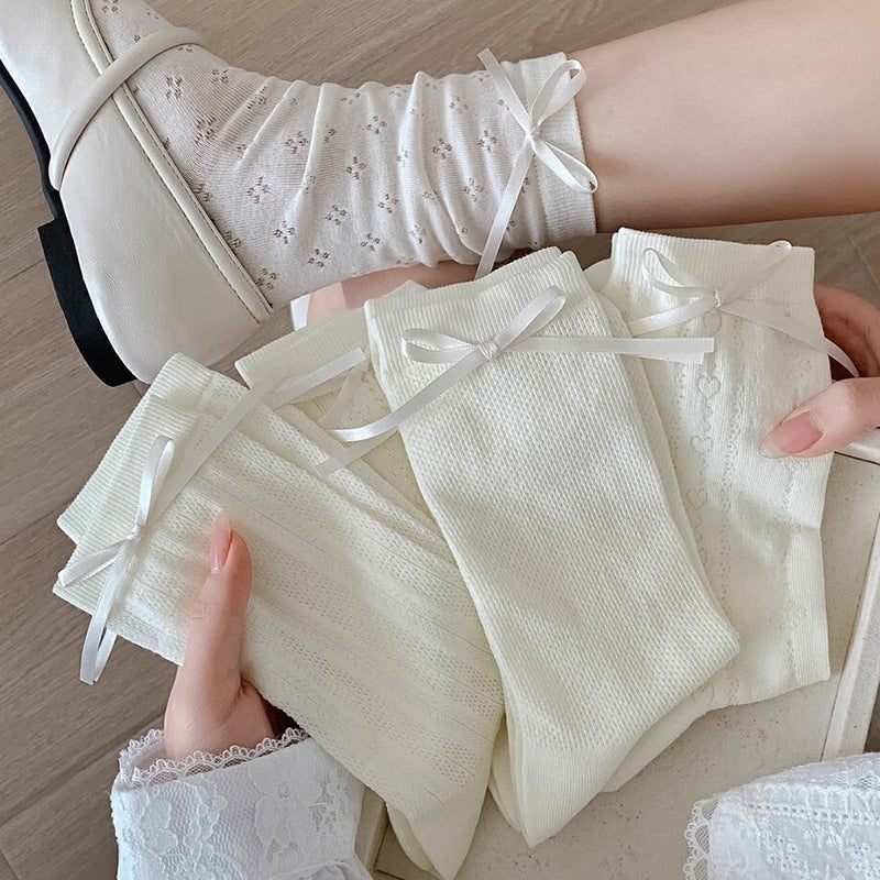 White Bow Crew Socks for Women | Breathable Summer Mid-Calf Socks
