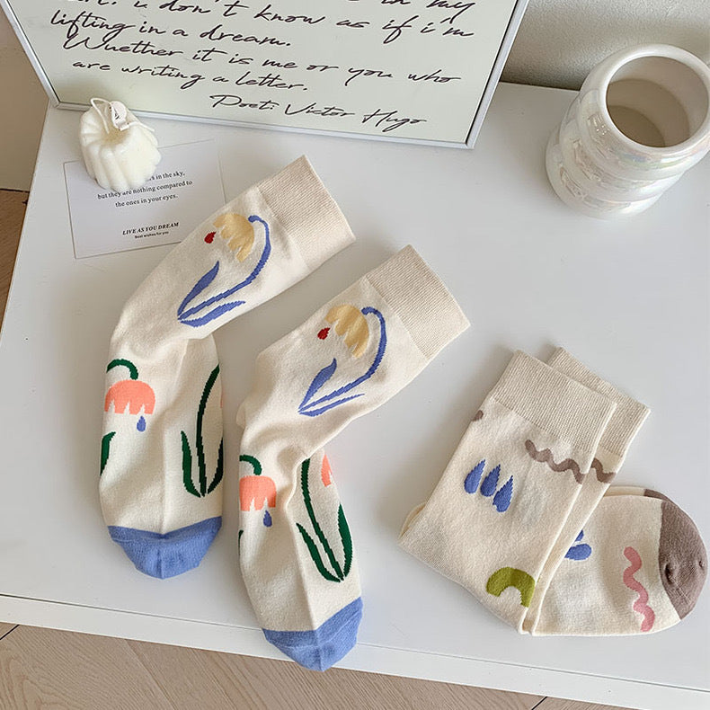 Cute Cream Novelty Crew Socks for Women | Casual Patterned Socks