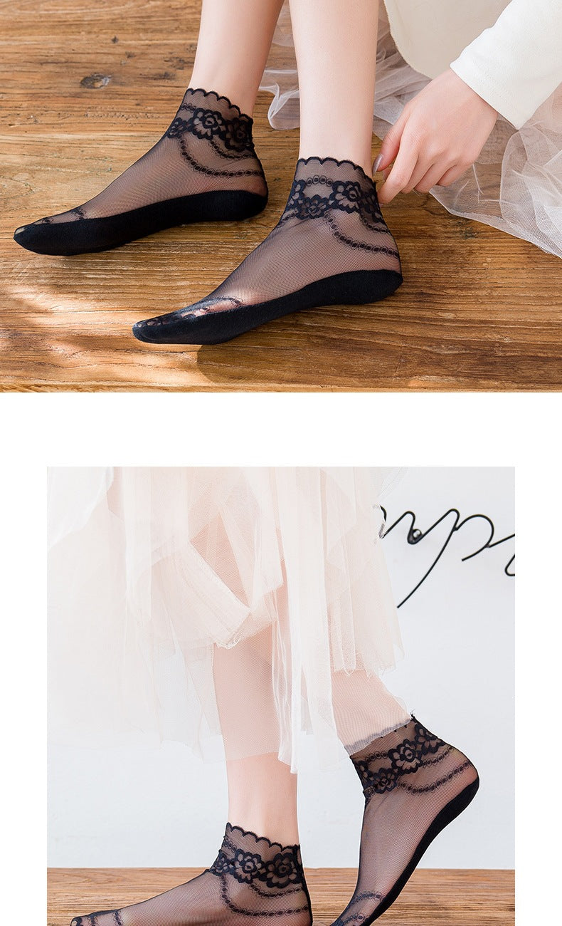 Lace Trim Sheer Ankle Socks for Women | Cotton Sole Thin Summer Socks
