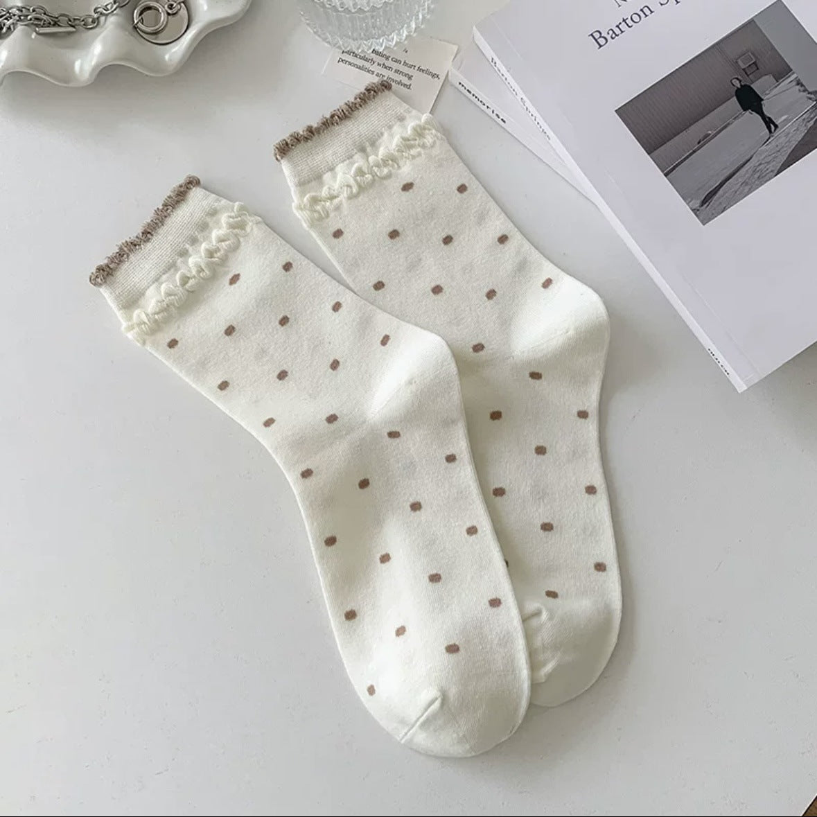 Polka Dot Cotton Crew Socks for Women | Ruffled Lace Trim