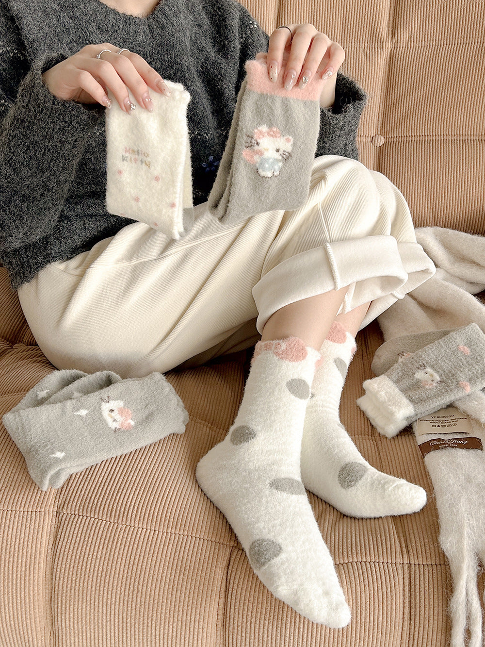 Cute Fuzzy Cozy Crew Socks | Hello Kitty Winter Socks for Women