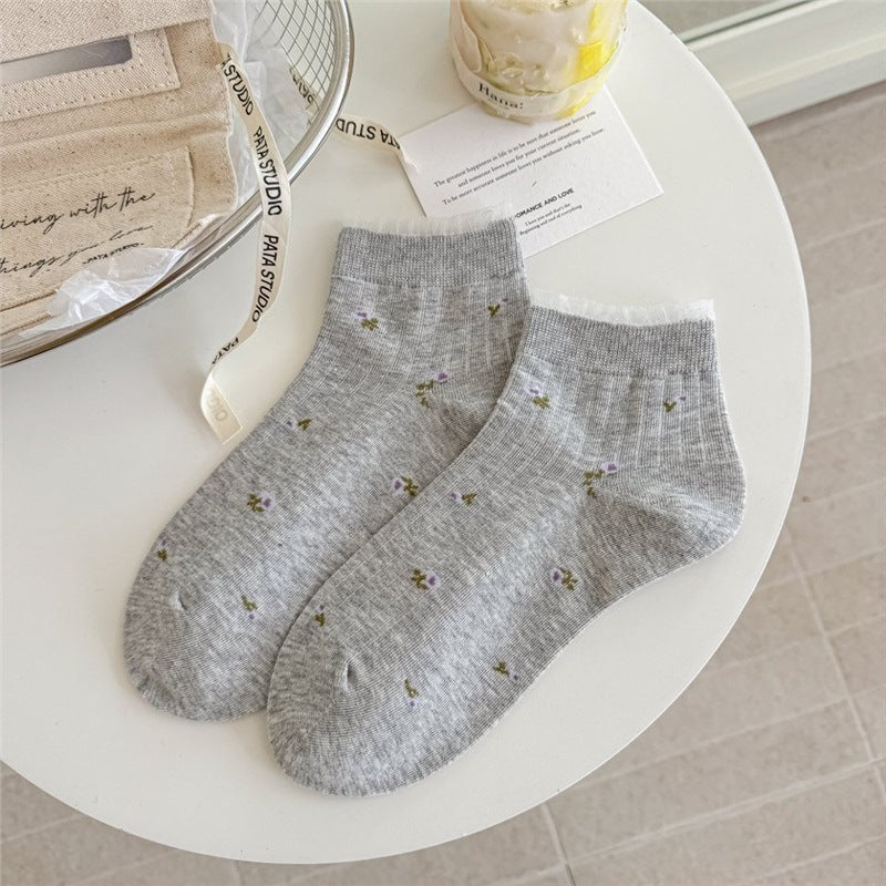 Vintage Floral Lace Ankle Socks for Women | Breathable Spring Summer Socks