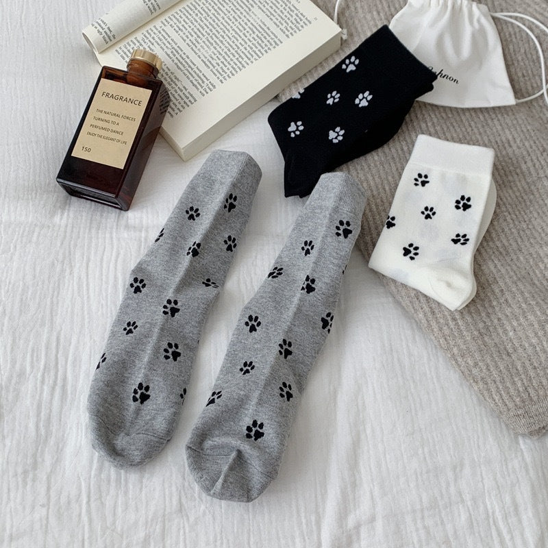 Playful Cat Paw Cotton Crew Socks for Women | Casual Patterned