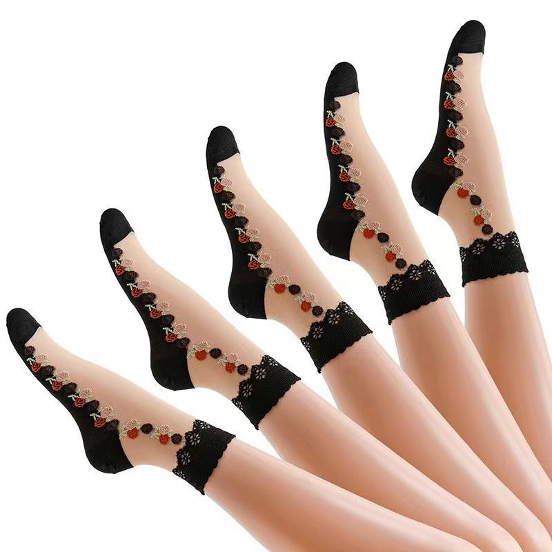 Floral Sheer Crew Socks for Women | Breathable Cotton Sole Summer Socks
