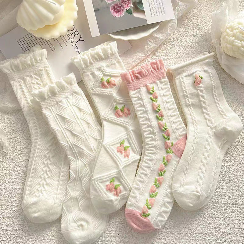 White Ruffle Floral Crew Socks for Women | Cotton JK Style