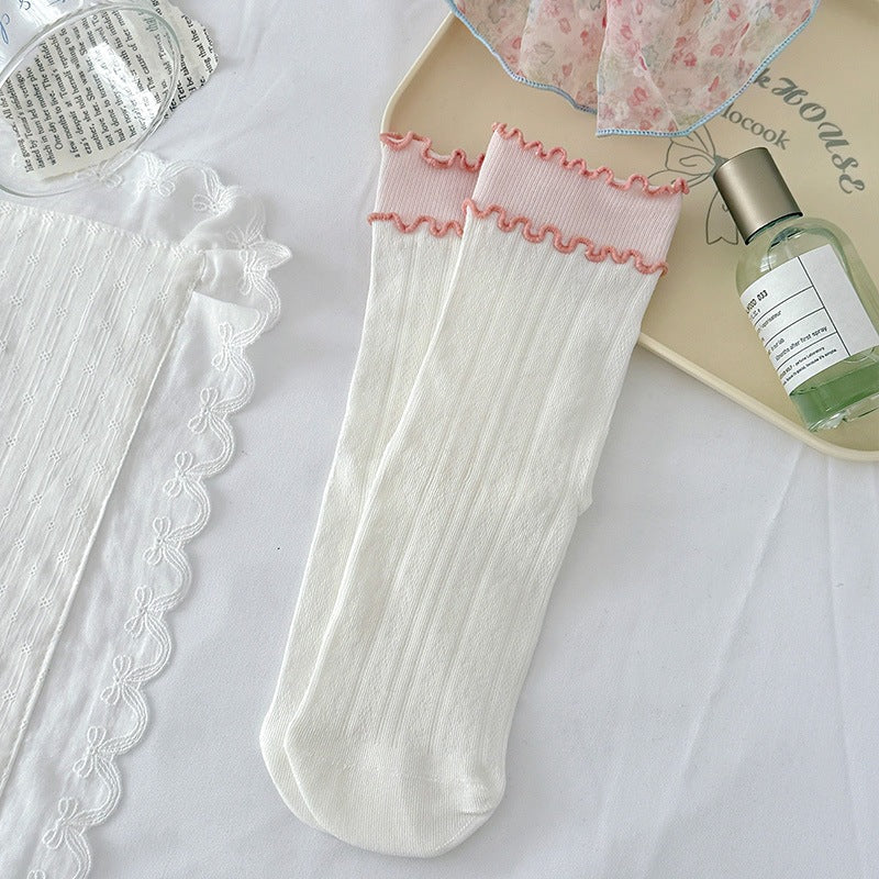 Women's Ruffled Cotton Crew Socks | Seamless Breathable Summer Socks