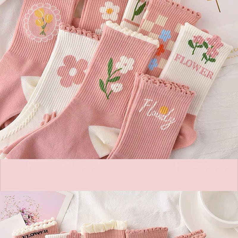 Cute Pink Floral Crew Socks for Women | Soft Cotton Patterned Socks