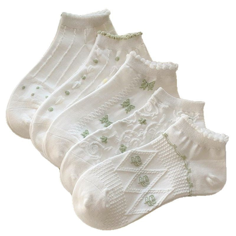 Cute Ruffled Ankle Socks for Women | Fresh White Green Cotton Socks