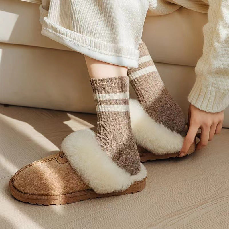 Cable Knit Two-Stripe Cozy Crew Socks for Women