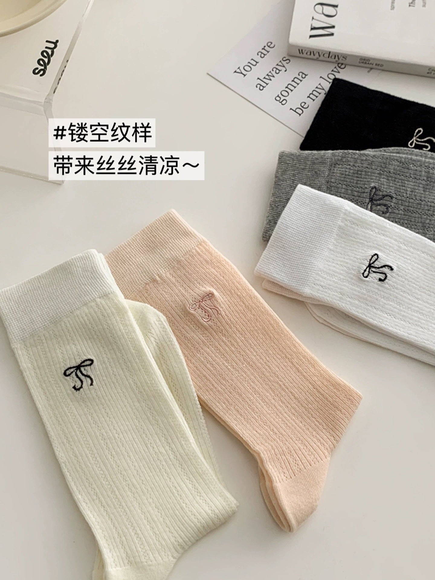 Thin Summer Ballet Bow Cotton Crew Socks for Women