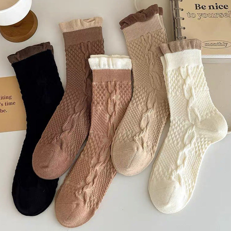 Cable Knit Crew Socks for Women | Breathable Ruffle Trim Cozy Socks