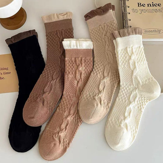 Cable Knit Crew Socks for Women | Breathable Ruffle Trim Cozy Socks