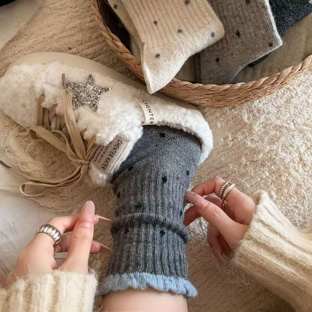 Cozy Polka Dot Crew Socks for Women | Warm Winter Socks