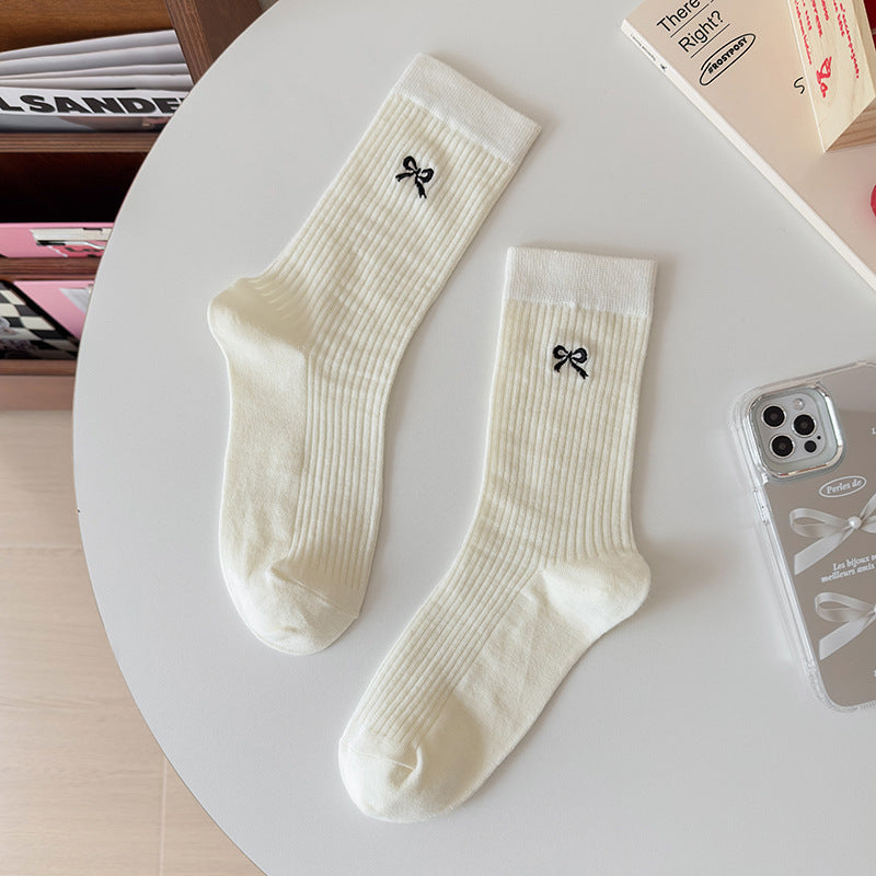 Embroidered Bow Cotton Crew Socks for Women | Casual Everyday Socks