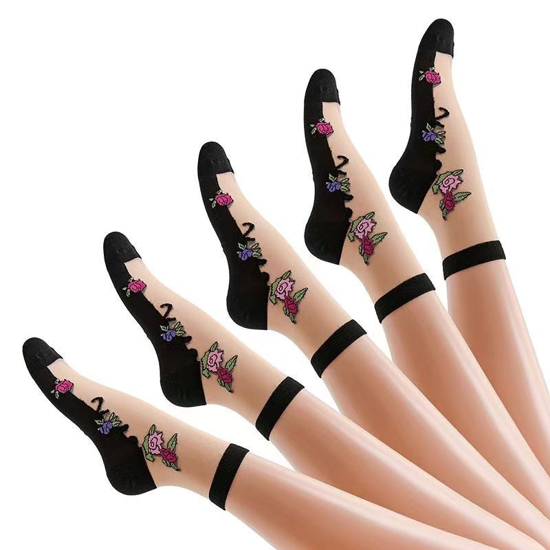 Floral Sheer Crew Socks for Women | Breathable Cotton Sole Summer Socks