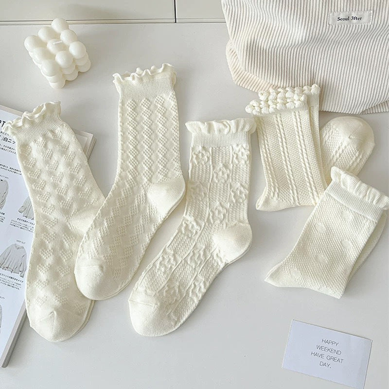 Cream Cotton Crew Socks for Women | Breathable Patterned Socks