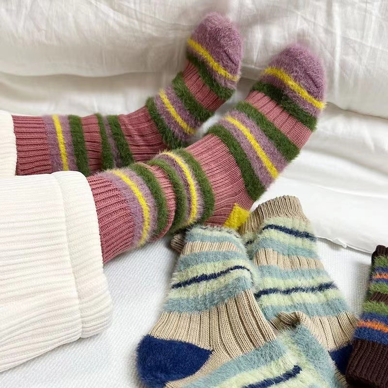 Women's Cozy Fuzzy Striped Crew Socks | Warm Winter Lounge Socks