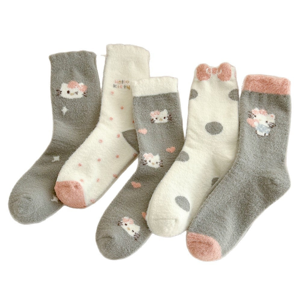 Cute Fuzzy Cozy Crew Socks | Hello Kitty Winter Socks for Women