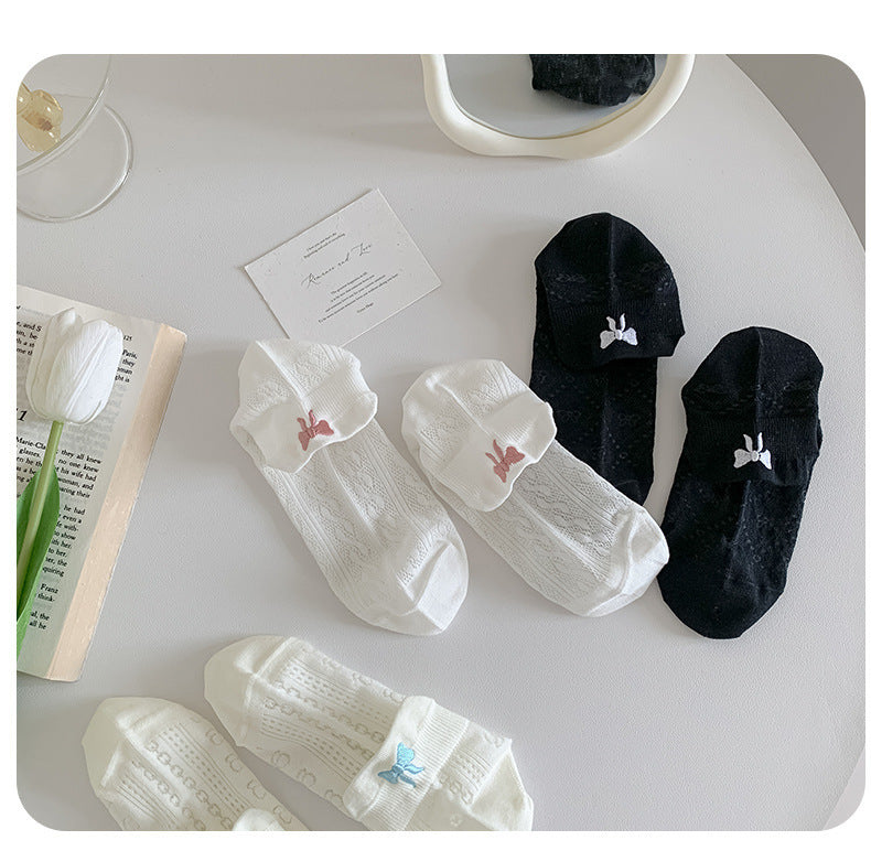 Women's Embroidered Bow Mesh Ankle Socks | Breathable Summer Socks