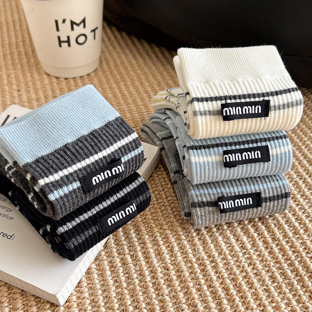 Women's Striped Cotton Crew Socks | Trendy Mid-Calf Socks