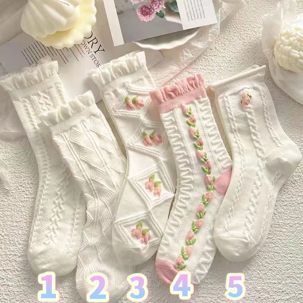 White Ruffle Floral Crew Socks for Women | Cotton JK Style