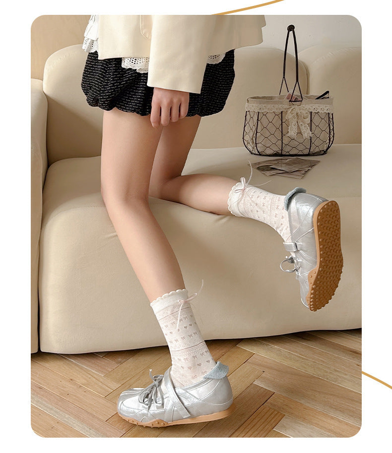 Sheer Cotton Crew Socks for Women | Bow Back Lace Trim